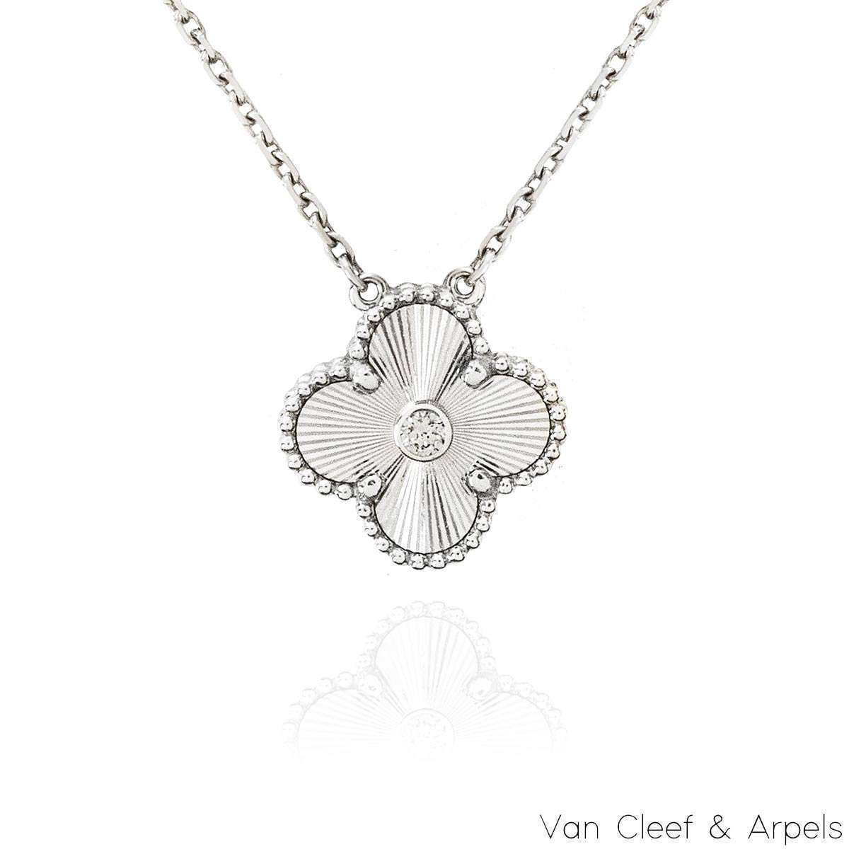 Van Cleef & Arpels Limited Edition 2020 White Gold Guilloche Diamond Vintage Alhambra Holiday Pendant VCARP6L800